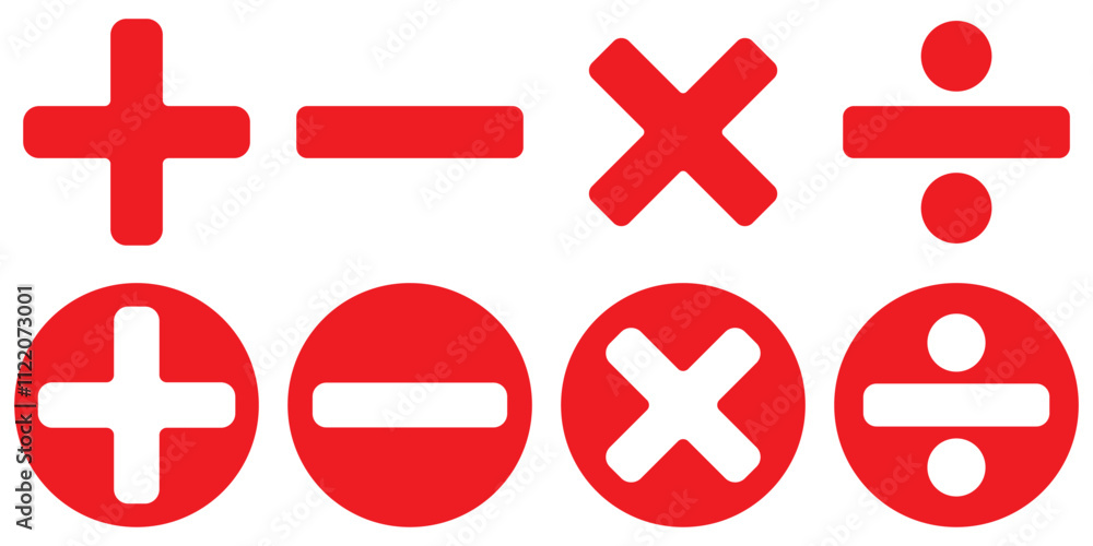 Poster set of plus minus multiply devide root mathematics symbol modern style icons are located on white an