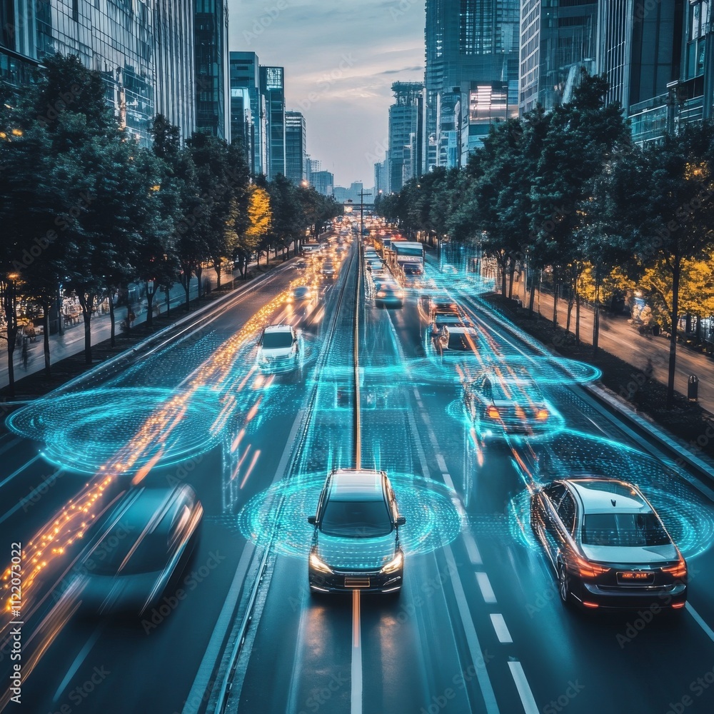 Poster visualization of the interaction of self-driving autonomous vehicles. robotic cars are controlled by