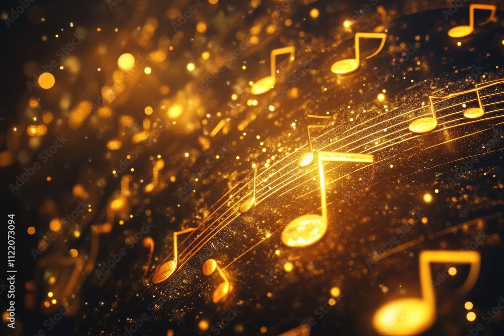 Aufkleber glowing musical notes cascade amidst twinkling golden particles, creating a dynamic and visually cap