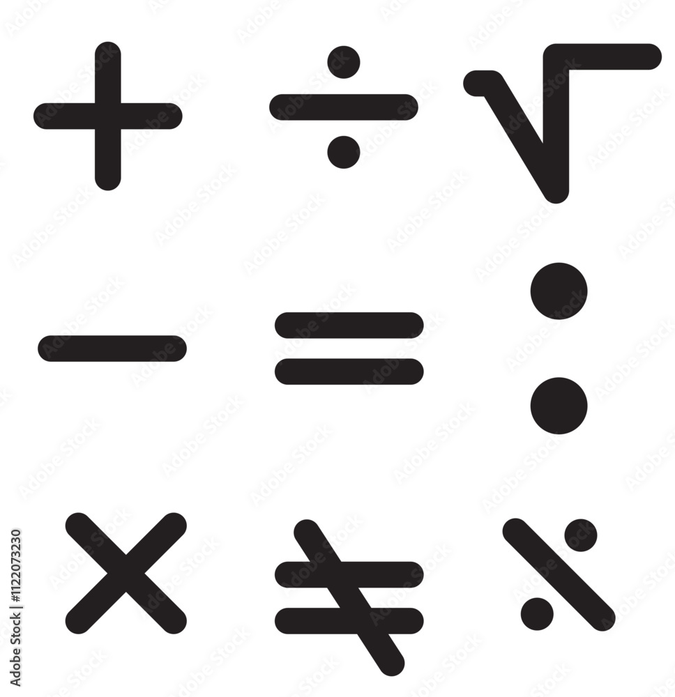 Poster set of plus minus multiply devide root mathematics symbol modern style icons are located on white an