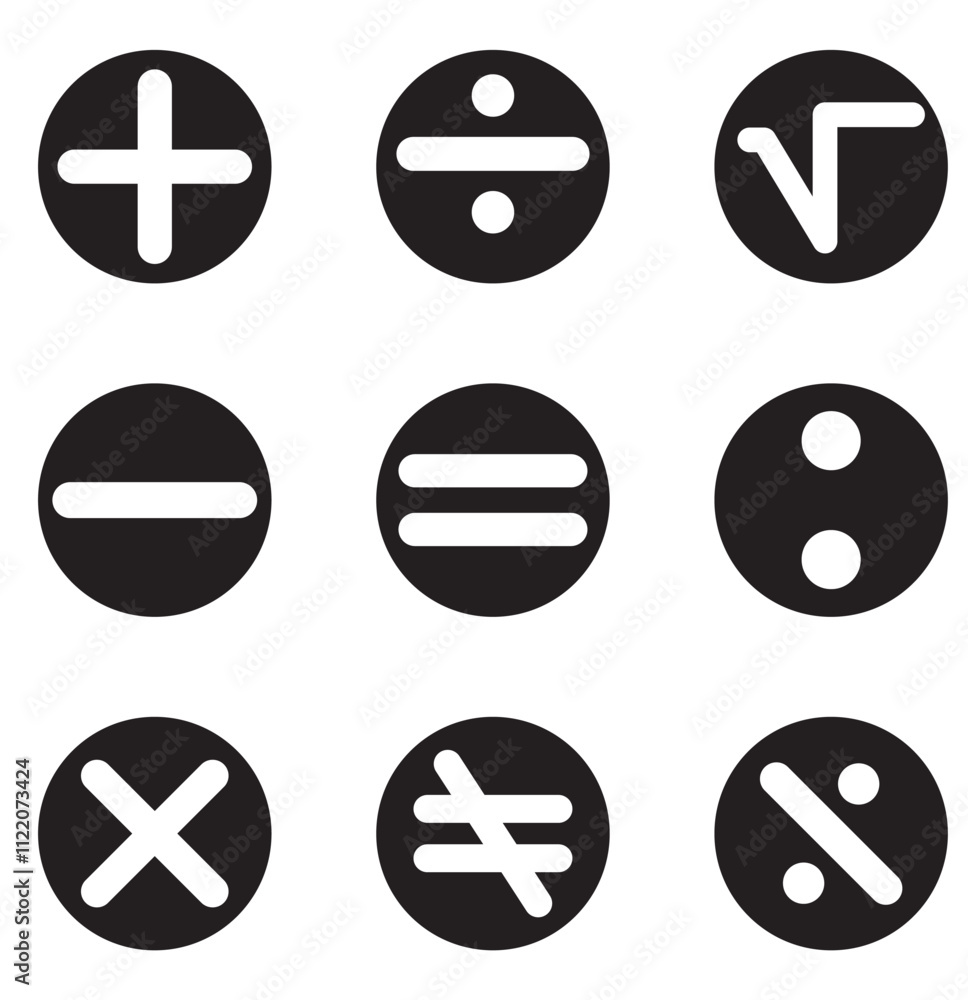 Poster set of plus minus multiply devide root mathematics symbol modern style icons are located on white an