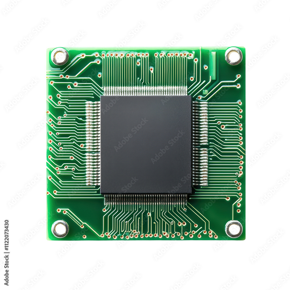 Poster microchip on green circuit board with intricate connections and solder points. this showcases techno