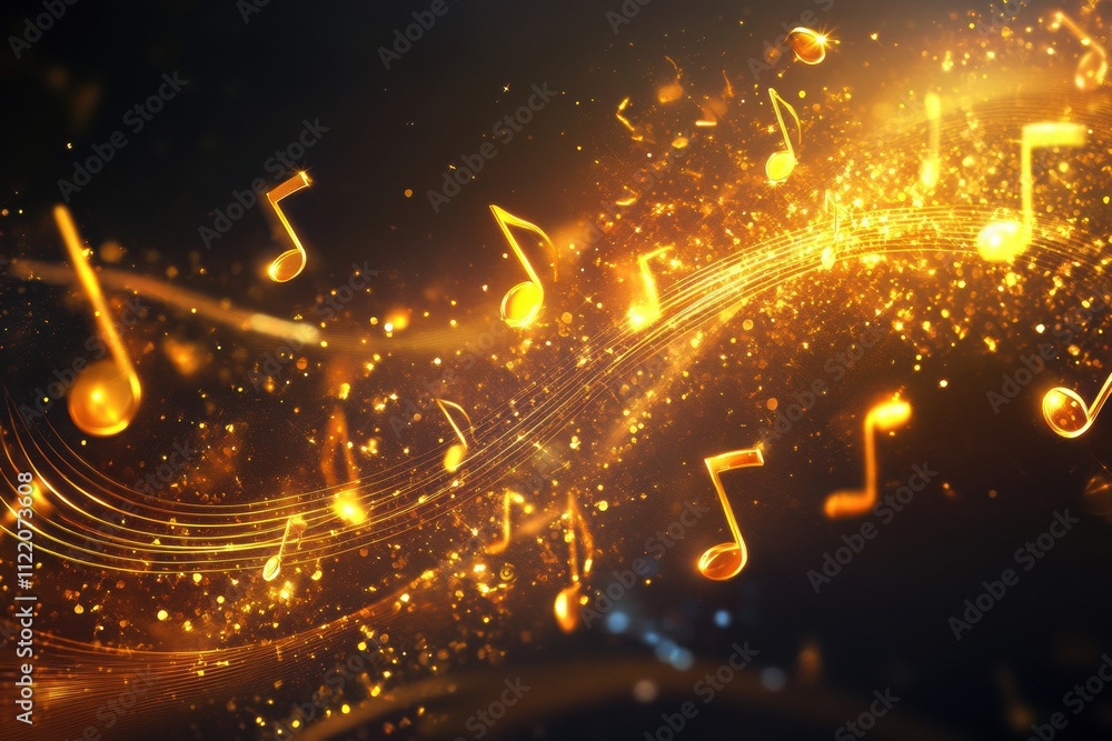 Poster colorful and dynamic abstract representation features musical notes surrounded by shimmering effects
