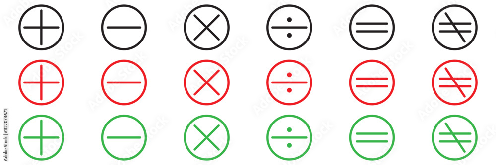 Poster set of plus minus multiply devide root mathematics symbol modern style icons are located on white an