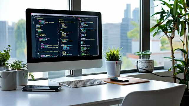 Modern Programmer's Workspace: Clean Desk, Code, Plants, and City View