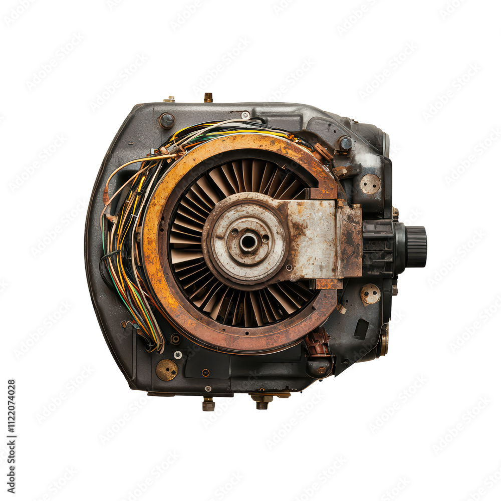 Poster rusty engine component with intricate wiring and fan blades visible. isolated on transparent backgro