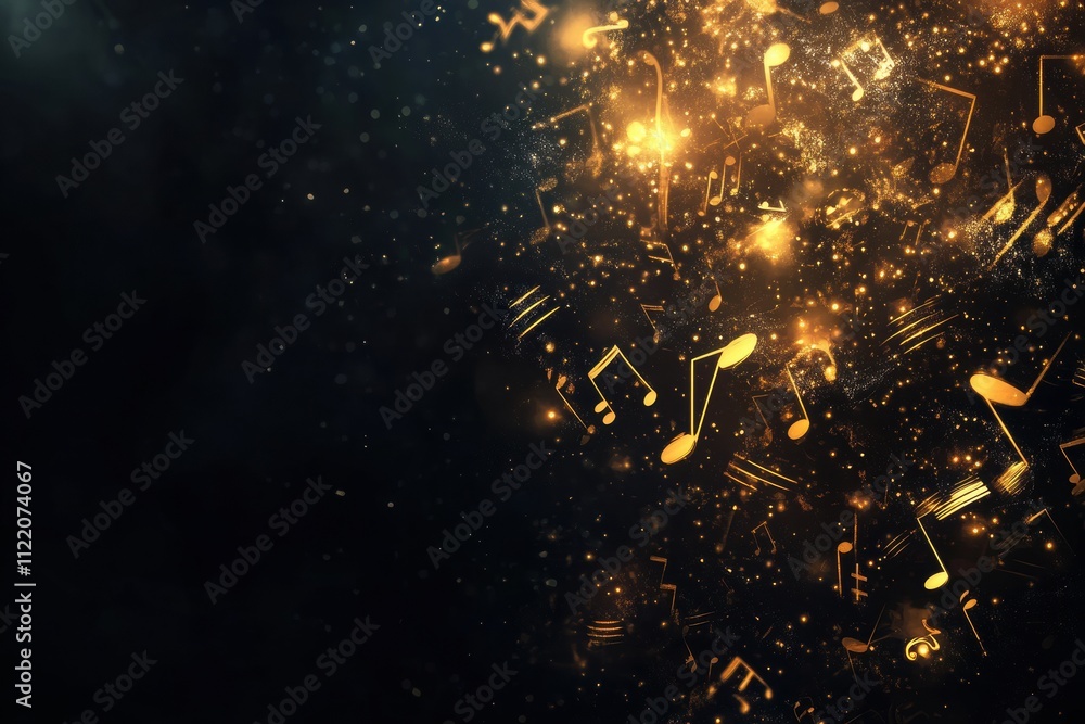 Aufkleber vibrant 3d abstract design showcasing glowing musical notes surrounded by sparkling particles agains