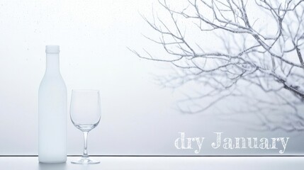 Minimalist Winter Scene with Empty Bottle and Glass for Dry January Concept