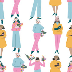 Seamles pattern. Cute girls are going to a costume party.  Flat illustration. Transparent background. Design placat, banner, card
