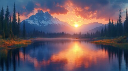 Majestic Sunset Over a Tranquil Mountain Lake