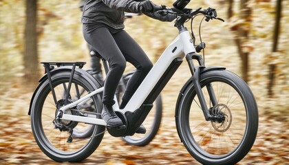Fototapeta premium Woman Riding A Modern White Electric Bicycle Along A Trail Through Colorful Autumnal Woods.