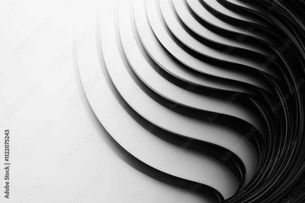 Poster curved black shapes elegantly flow across a light backdrop, creating a modern and sophisticated 3d a