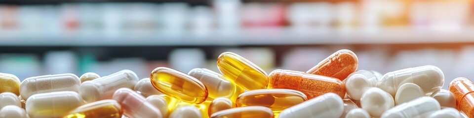 Assorted capsules and pills against pharmacy shelves backdrop
