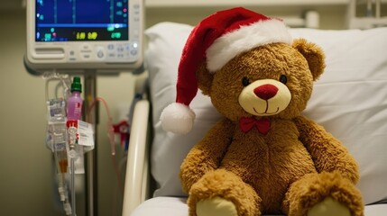 Teddy bear in a Santa hat sits beside a medical IV pole in a child hospital room, blending joy with care.