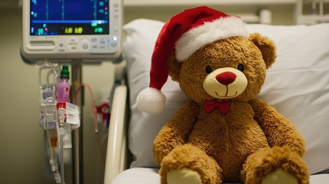Teddy bear in a Santa hat sits beside a medical IV pole in a child hospital room, blending joy with care.