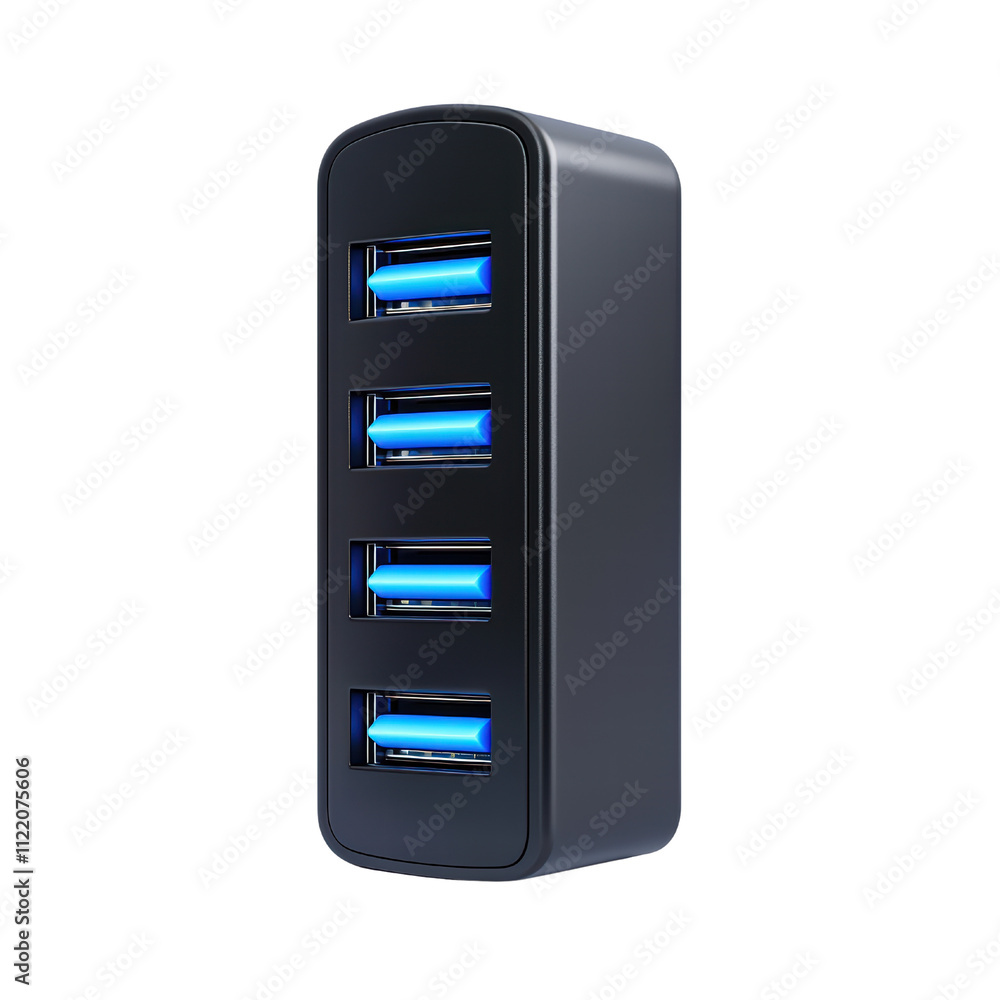 Aufkleber USB hub with four ports for connecting multiple devices simultaneously, featuring sleek black design and blue LED indicators for active connections. isolated on transparent background