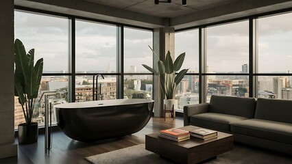 Fototapeta premium Black bathtub inside of modern apartment with books on coffee table, panoramic windows and plants