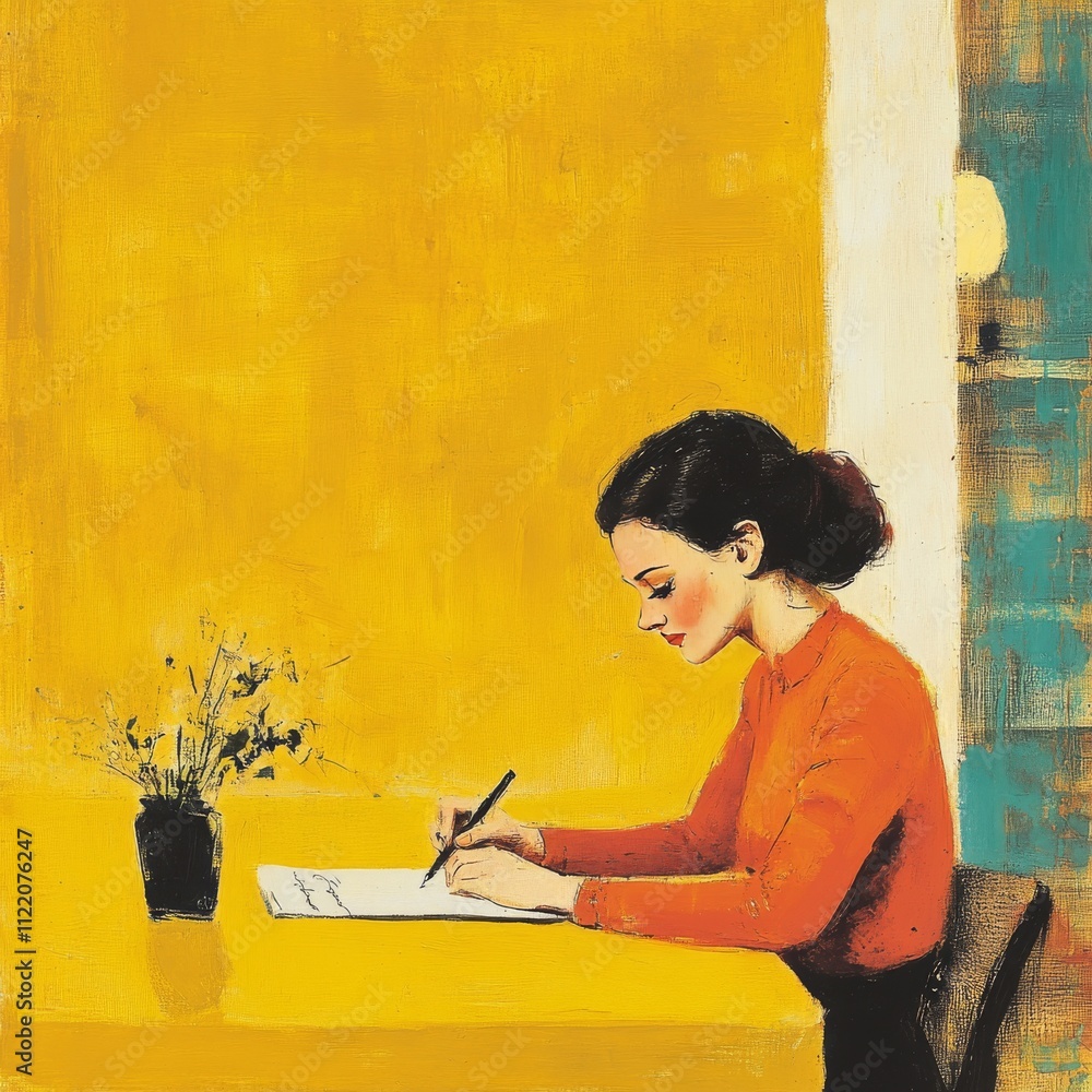 Poster Woman’s hands writing with pen over blank paper card and envelope isolated on yellow background. Top view