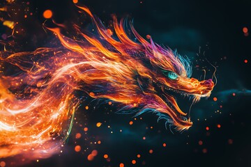 Obraz premium A fiery dragon illustration with vibrant colors and dynamic movement.