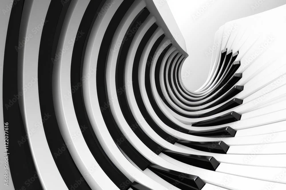Poster curved black and white piano keys create a visually striking 3d abstract mockup, ideal for artistic 