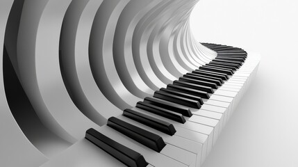 Naklejka premium Unique 3D abstract aesthetic featuring piano keys blending into smooth curves, providing a stylish mockup with ample copy space for design. Generative AI