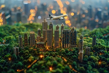 A miniature city model with an airplane flying over it.