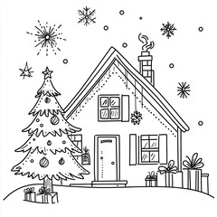 Fototapeta premium Christmas Coloring Page Featuring Christmas Tree and House – Festive Holiday Design - Line Art - Printable Pages