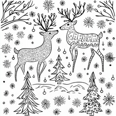 Christmas Coloring Page Featuring Deer in Winter Forest &ndash; Festive Holiday Design - Line Art - Printable Pages