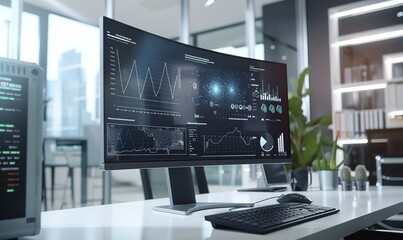 Fototapeta premium Software engineering that is innovative: dynamic programming and application development displayed on a contemporary computer screen, Generative AI.