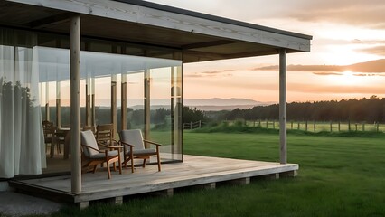 Fototapeta premium Modern glass house with chairs on wooden porch, tranquil countryside setting, banner