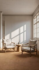 Fototapeta premium Room showcases a serene and simple design with two wooden chairs, a small table- 3D rendering