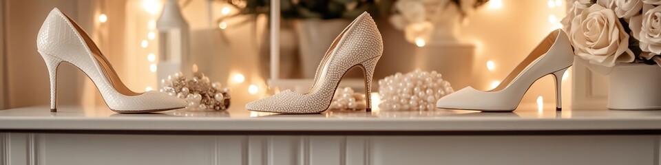 Elegant bridal shoes on shelf with soft lighting