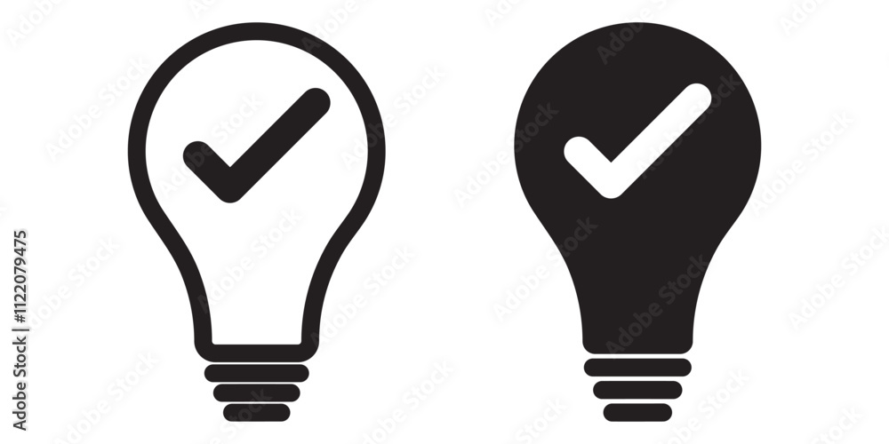 Poster light bulb with tick icon in flat style. lightbulb with check, successful idea symbol isolated on wh