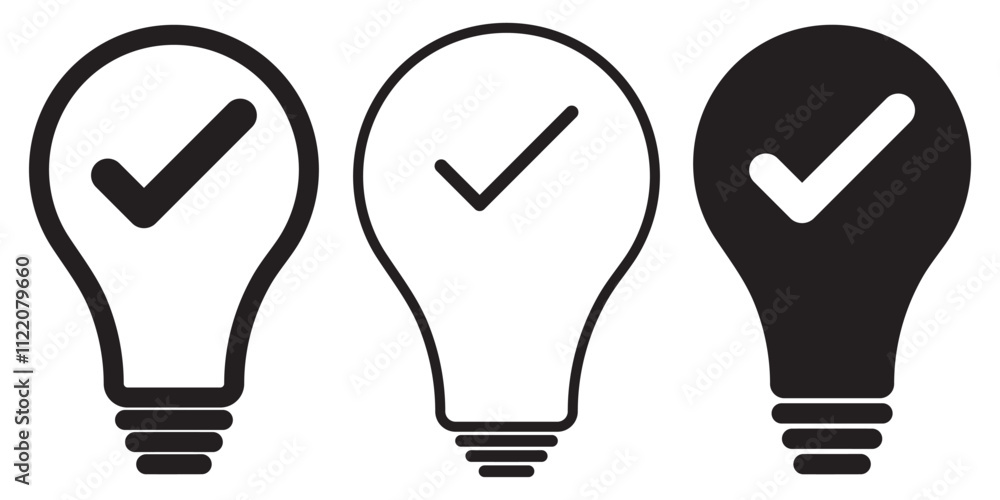 Poster light bulb with tick icon in flat style. lightbulb with check, successful idea symbol isolated on wh
