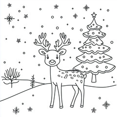 Christmas Coloring Page Featuring Deer in Winter Forest &ndash; Festive Holiday Design - Line Art - Printable Pages