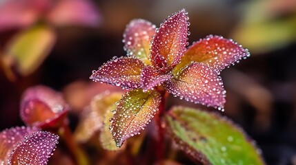 Fototapeta premium Close-up of dew-covered vibrant red and green leaves.