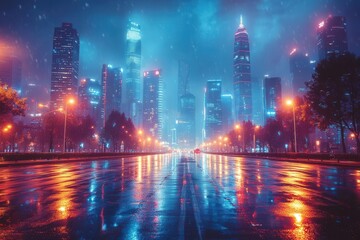 Obraz premium futuristic cityscape illuminated at night, showcasing towering skyscrapers adorned with vibrant lights, creating a lively and dynamic urban atmosphere full of technological advancement