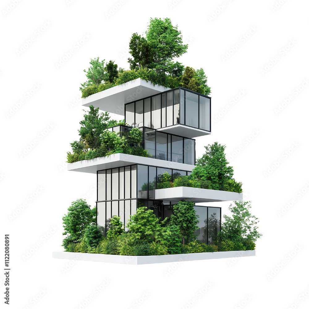Poster modern architectural design featuring green building with multiple levels and abundant vegetation. t