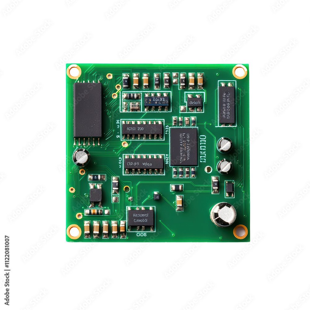 Poster circuit board with electronic components, connectors, and chips. ideal for technology and engineerin