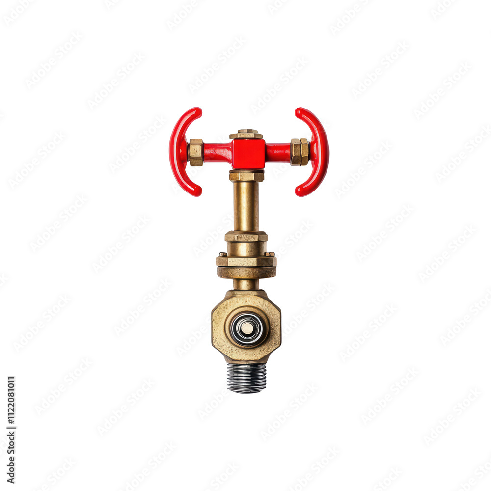 Poster brass valve with red handles, used for controlling fluid flow in pipes. isolated on transparent back