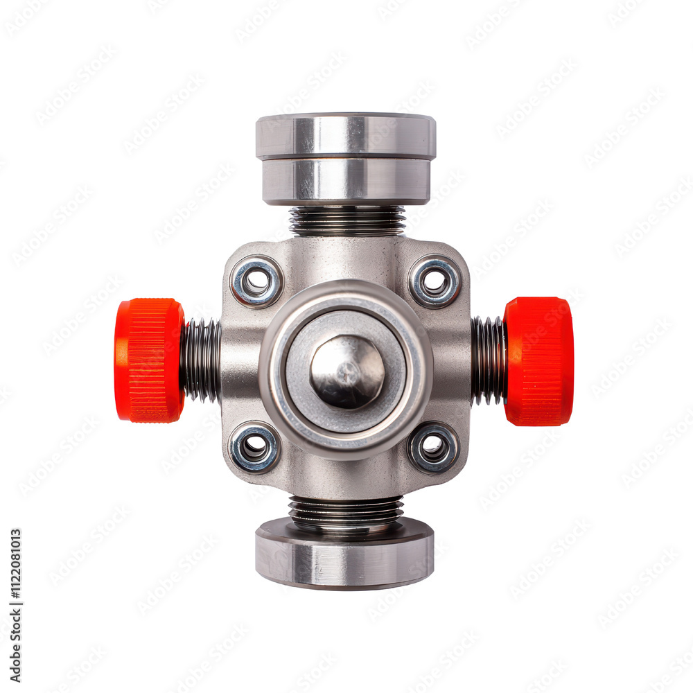 Aufkleber metal valve with red knobs and multiple connections for fluid control isolated on transparent backgr