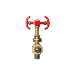 Brass valve with red handles, used for controlling fluid flow in pipes. isolated on transparent background