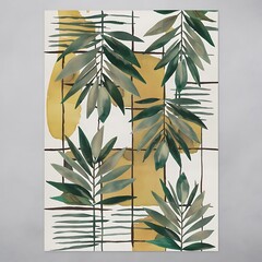 Abstract geometric watercolor palm leaf poster. Modern minimal illustration with palm leaf and hand drawn texture for minimalist print, cover, boho wall decor, mid century design, trendy art