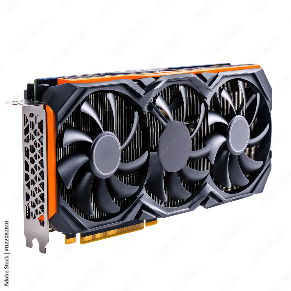 Poster high performance graphics card with three cooling fans and sleek design. ideal for gaming and graphi