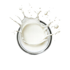 Fresh milk splash in glass bowl, creating dynamic droplets and vibrant white contrast against transparency background. isolated on transparent background