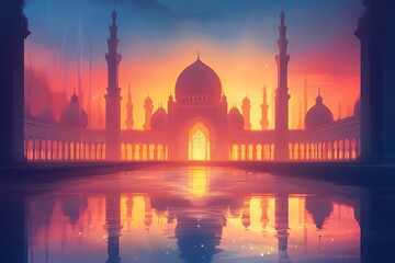 Obraz premium A serene silhouette of a grand palace at sunset, reflecting in tranquil waters.