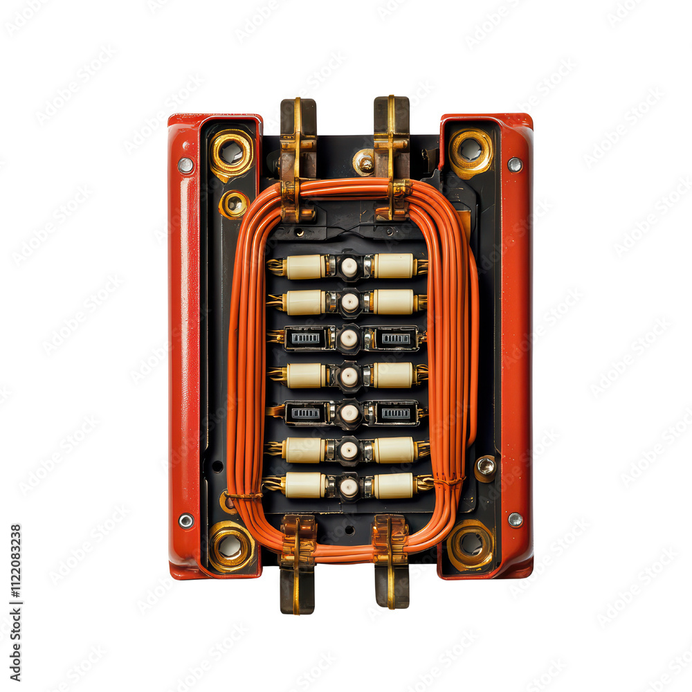 Poster electrical circuit board with orange wires and components isolated on transparent background