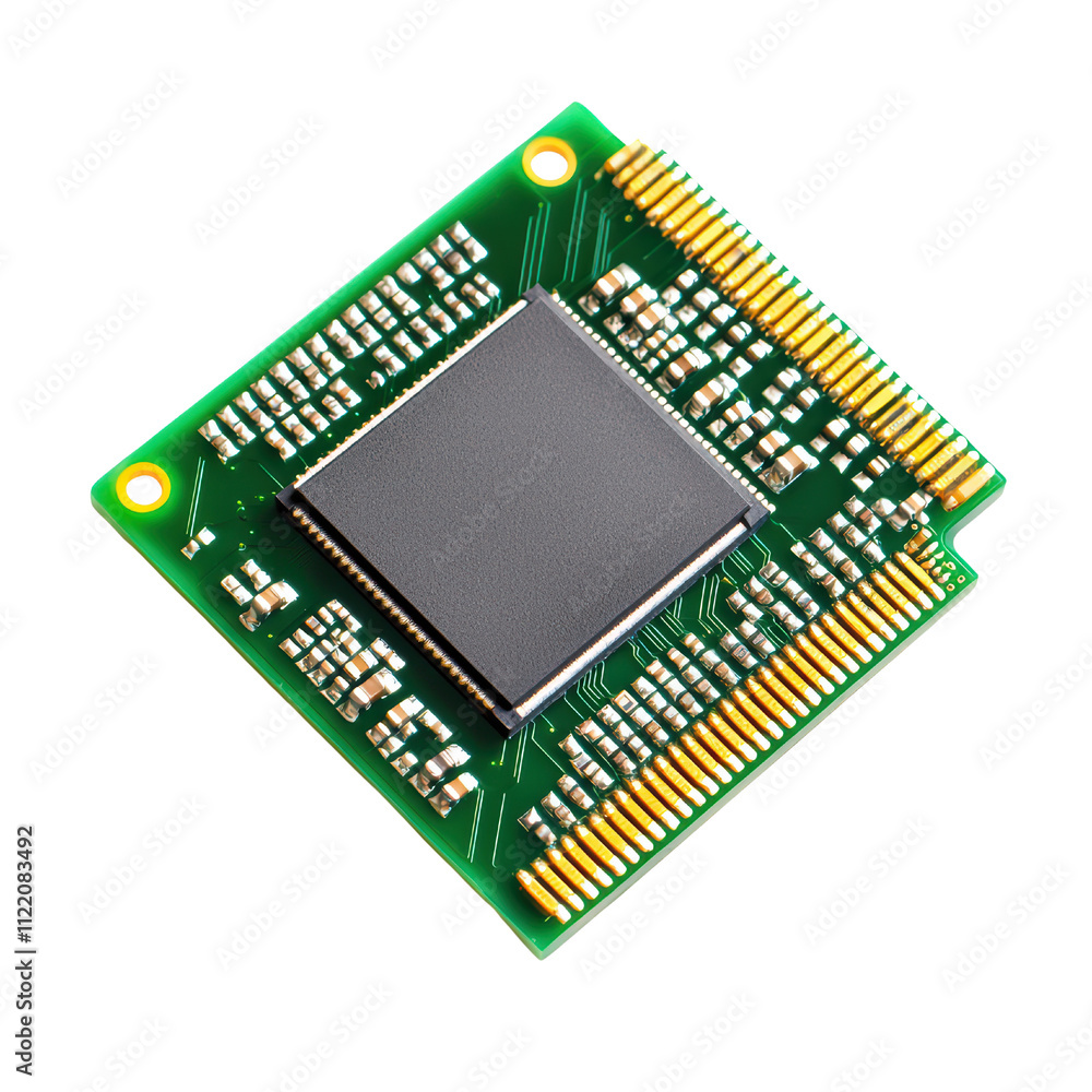 Poster microchip with green circuit board and gold pins, used in electronics isolated on transparent backgr