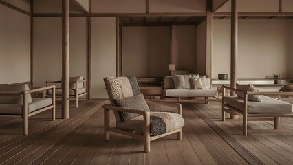 Fototapeta premium Japandi-style minimalist living room with clean lines, natural tones, and an accent chair as the focal point, creating a warm, serene space.