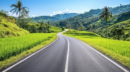 Fototapeta premium A beautiful asphalt road cuts through Indonesian lush green rice fields flowing down the mountain slopes, background wallpaper AI generated image